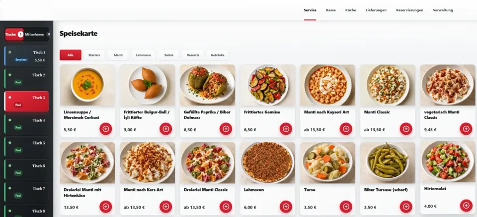 SAYKI Gastro OS, Service-Ansicht: links die Tische mit Status, rechts die Speisekarte mit Fotos, Preisen und Plus-Knopf zum Bestellen.
