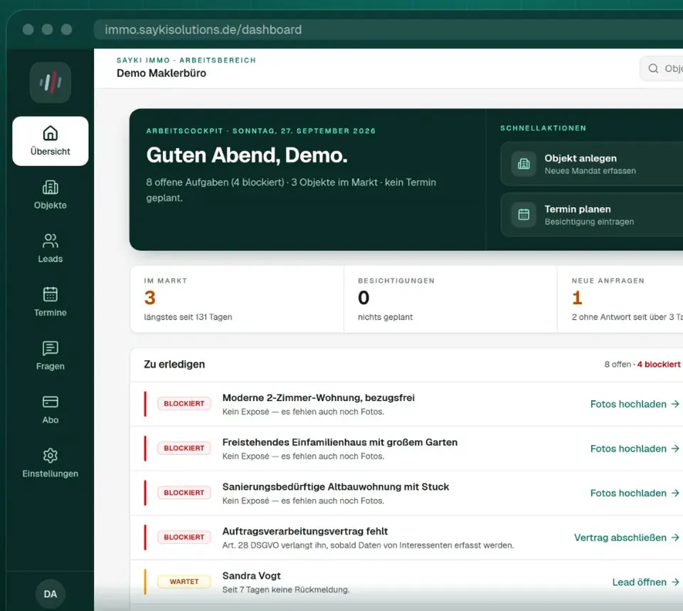 SAYKI IMMO, Arbeitscockpit im Browser: Schnellaktionen, Kennzahlen zu Objekten im Markt, Besichtigungen und neuen Anfragen, darunter die Liste der offenen Aufgaben.